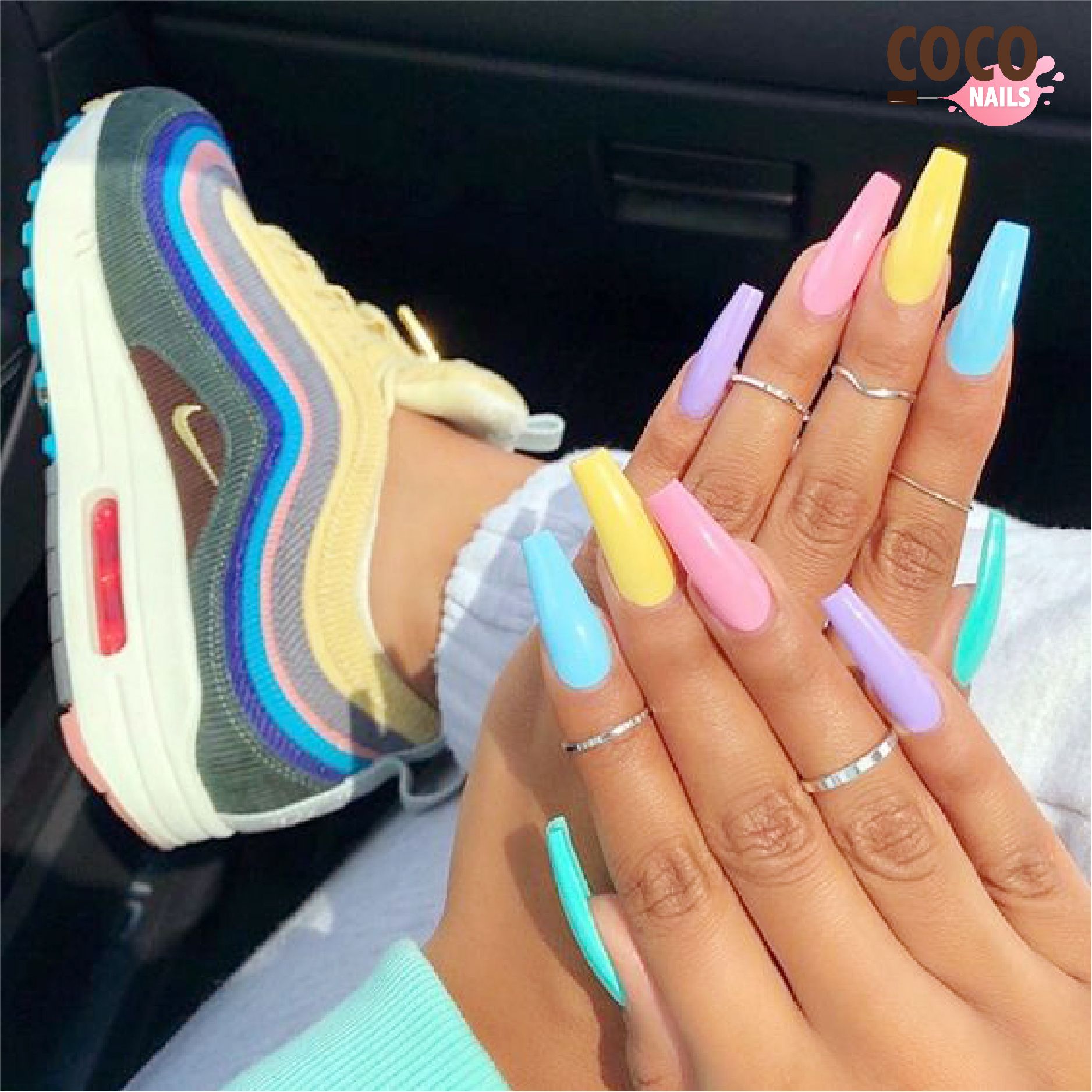 Pastel rainbow coffin-shape nail set by CoCo Nails
